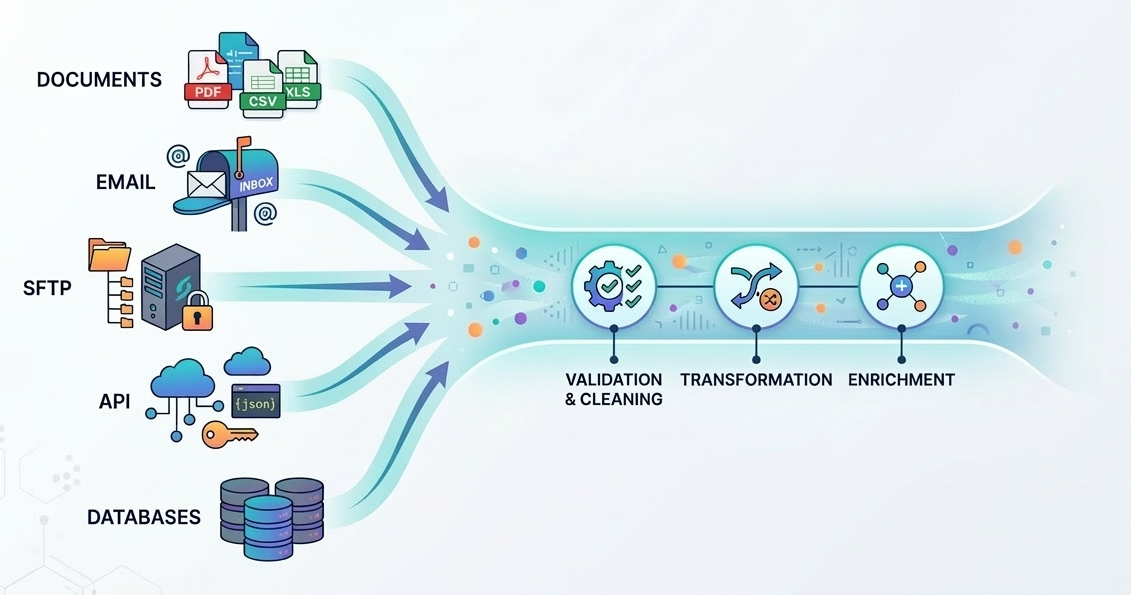 Multi-source data ingest - email, SFTP and API channels converging into Slipflow
