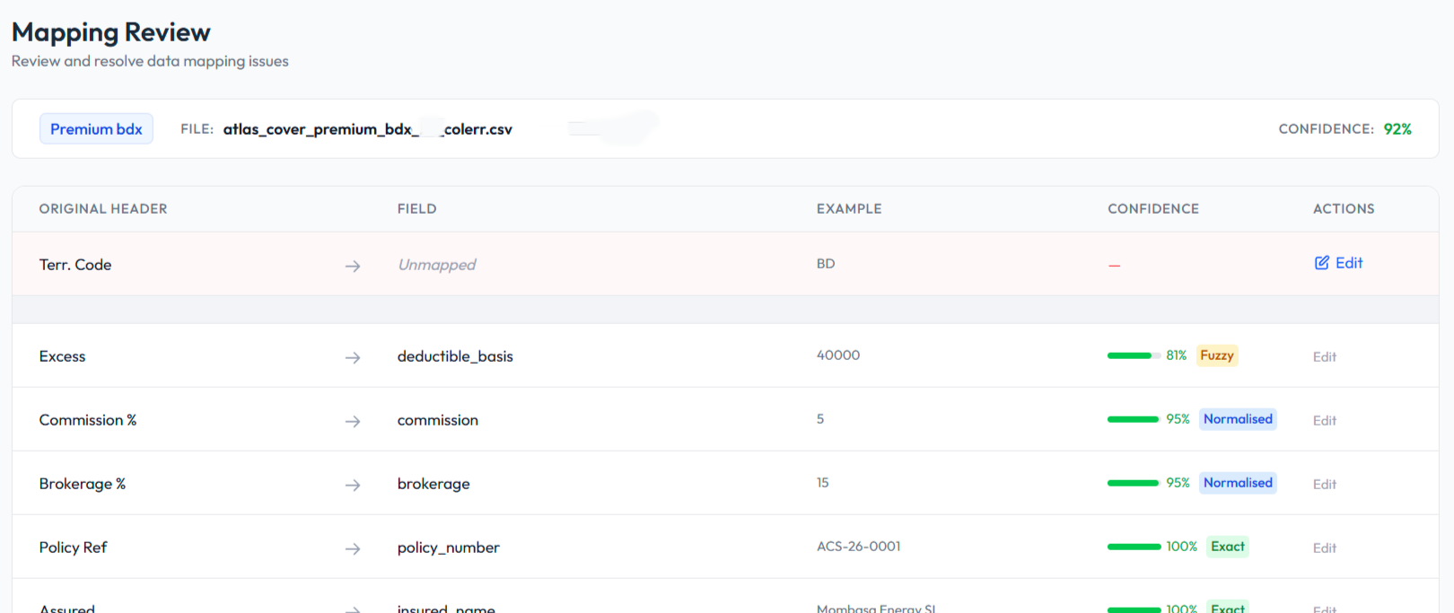 Slipflow column mapping - incoming fields matched to target schema with AI-assisted confidence